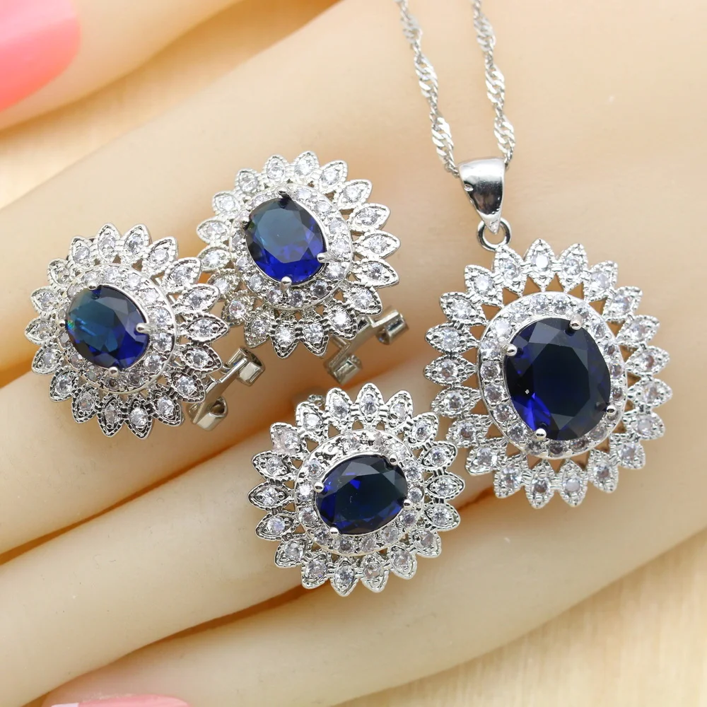 Dark Blue Zirconia For Women Jewelry Sets 925 Silver Necklace Pendant Bracelets Earrings Rings Free Gift Box