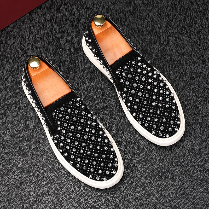 

men's casual hip hop rock rivets shoes slip-on spikes shoe cow suede leather flats studded loafers personality designer footwear
