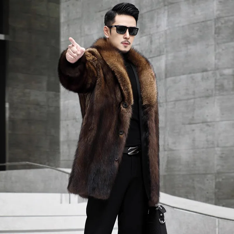 2025 Fashion Men Jacket Brown Windproof Imitation Mink Fur Outerwear Male Winter Coat Super Warm Casual Long Parkas S-6XL Size