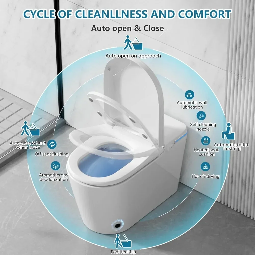 Tankless Smart Toilet with Warm Water Sprayer & Dryer, One Piece Bidet Toilet with Foot Sensor Operation, Heated Bidet Seat