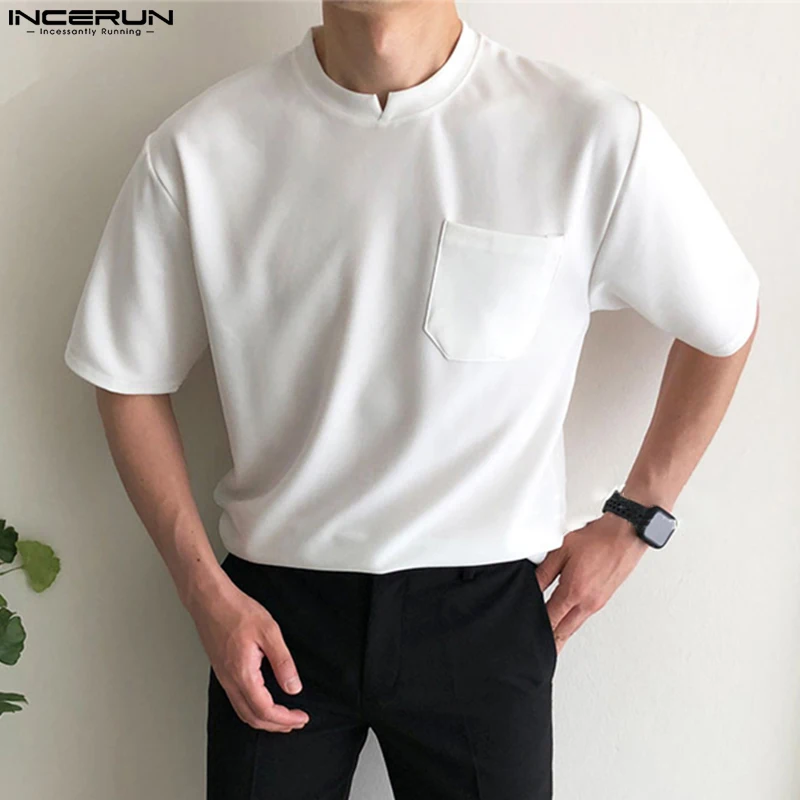 INCERUN Tops 2024 Koreanischen Stil Neue Männer Schlitz Oansatz Einzelne Tasche Design T-shirts Casual Solide Lose Kurzarm Camiseta S-5XL
