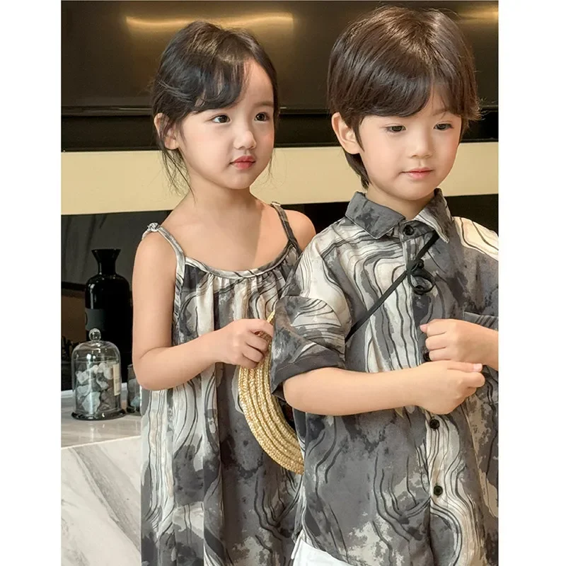 Summer Brother and SisterGirl Sling Dress Kids Boys 2 Pieces Outfit Set Matching Vacation Clothing Children Twin Clothes Baby