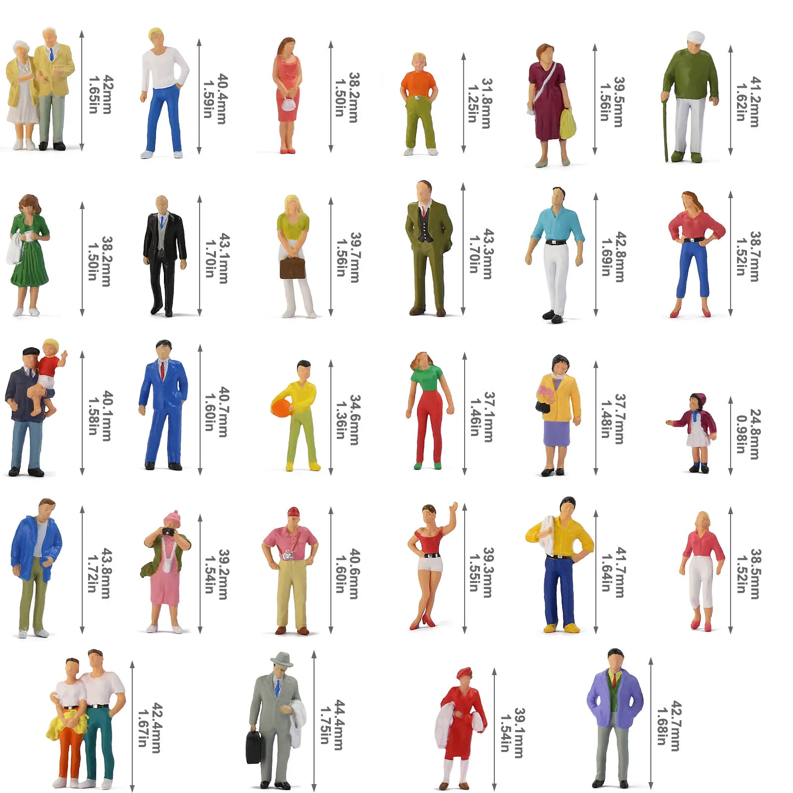 Evemodel 30pcs Different Poses Model Trains 1:43 O Scale All Standing Painted Figures Passengers People Model Railway P4312