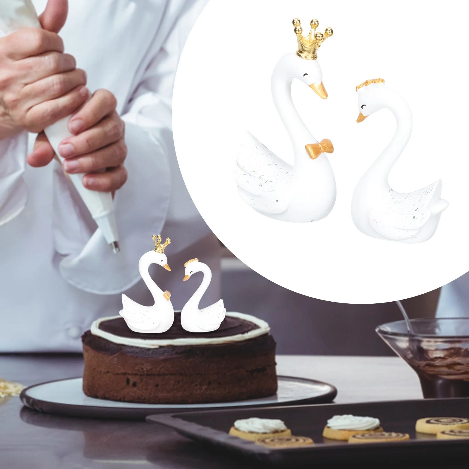 

1Pair Resin Swan Sculpture Delicate Texture Office Home Cake Car Decoration Modern Style Swan Figurines Cake Decorations