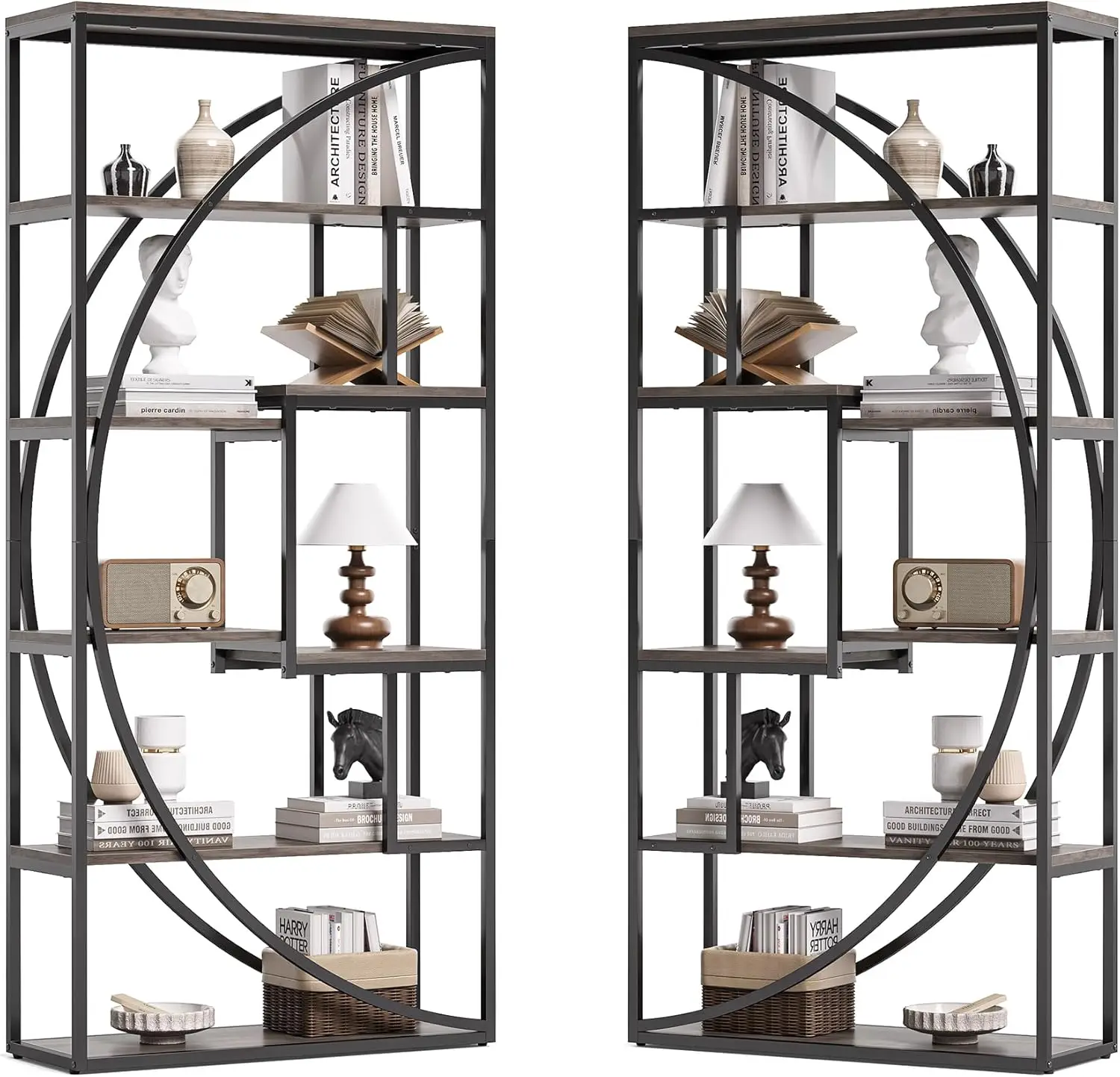 Estantería industrial Etagere de 5 niveles, estantería de 70,8 pulgadas de alto con 8 estantes de almacenamiento, estantería de exhibición para libros (2 piezas)