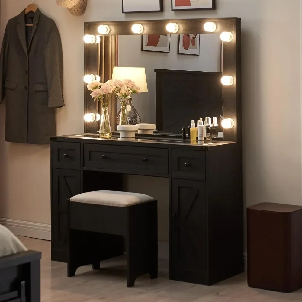 

Farmhouse Vanity Desk with Hollywood Makeup Mirror - Ample Storage Space with 3 Drawers & 2 Cabinets - Detachable Light Bulbs