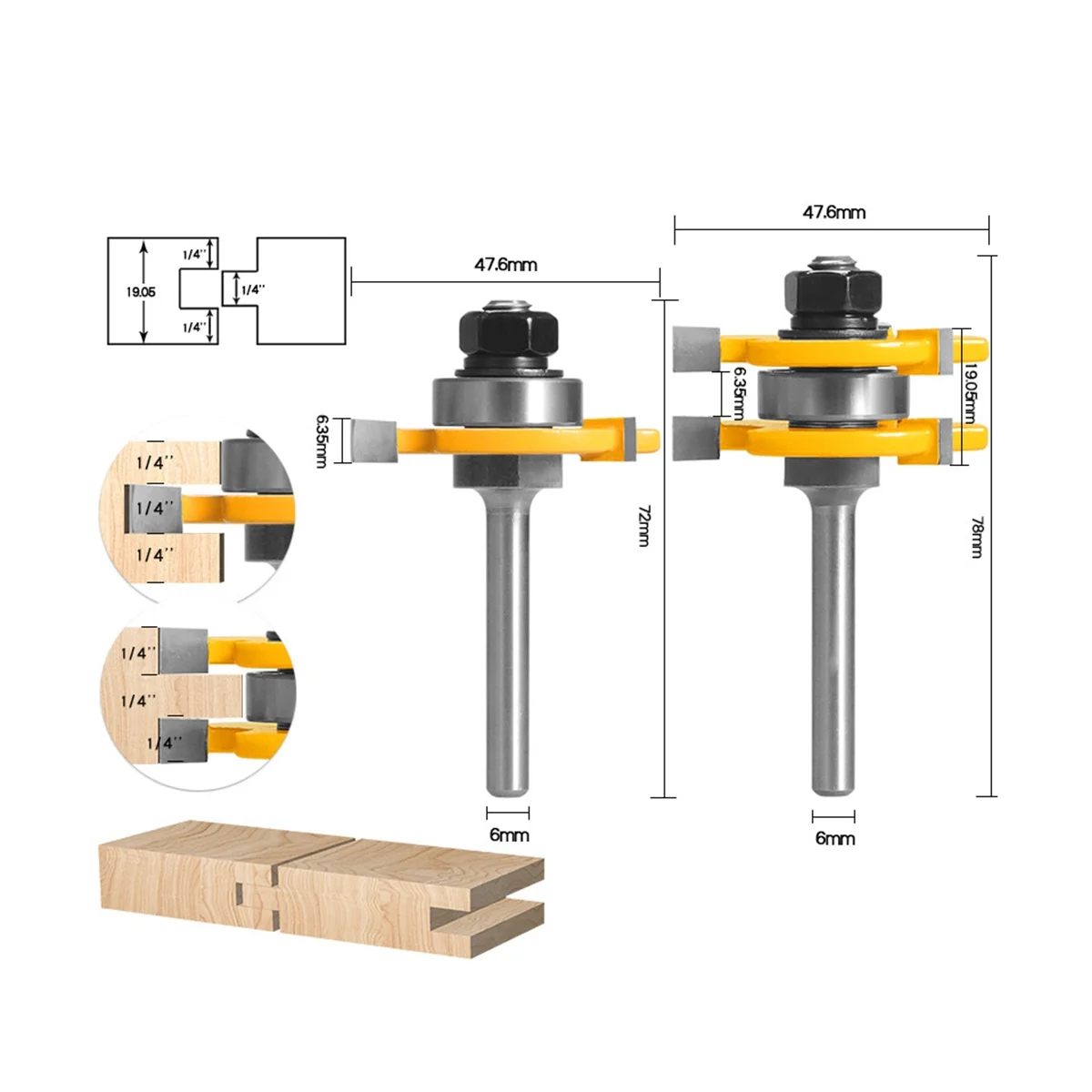 2Pcs 6Mm Shank Joint Assembly Router Bit Set Tongue & Groove T-Slot Milling Cutter for Woodwork Cutting Tools