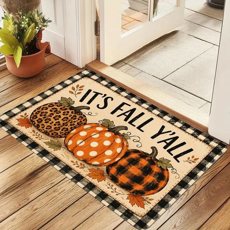 It's Fall Y'all Pumpkin Doormat, Leopard Polka Dot Plaid Pumpkin Print Entryway Floor Mat, Autumn Home Door Decor