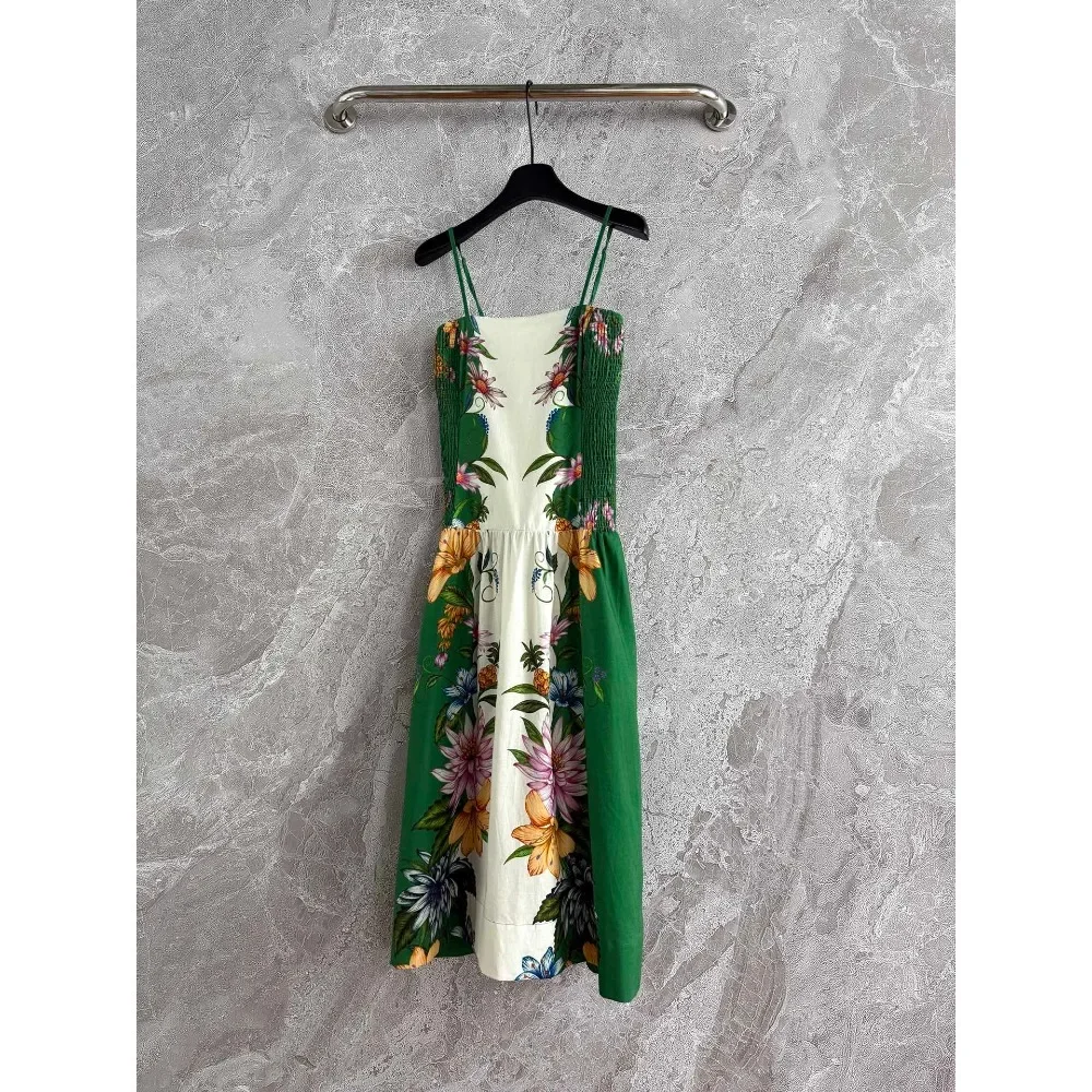 فستان حورية البحر بكشكشة مطرز بالخرز متوسط الطول 2025 موضة جديدة بطباعة بيزلي خضراء بدون أكمام