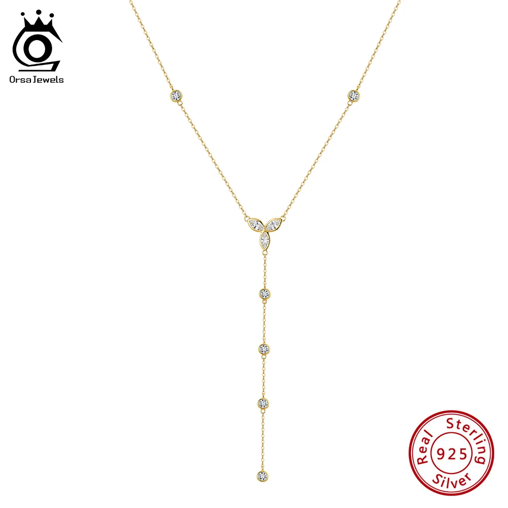 

ORSA JEWELS Shiny Cubic Zircon Y-shaped Necklace Party 925 Sterling Silver Long Chain Tassel Collar Fashion Fine Jewelry BQN38