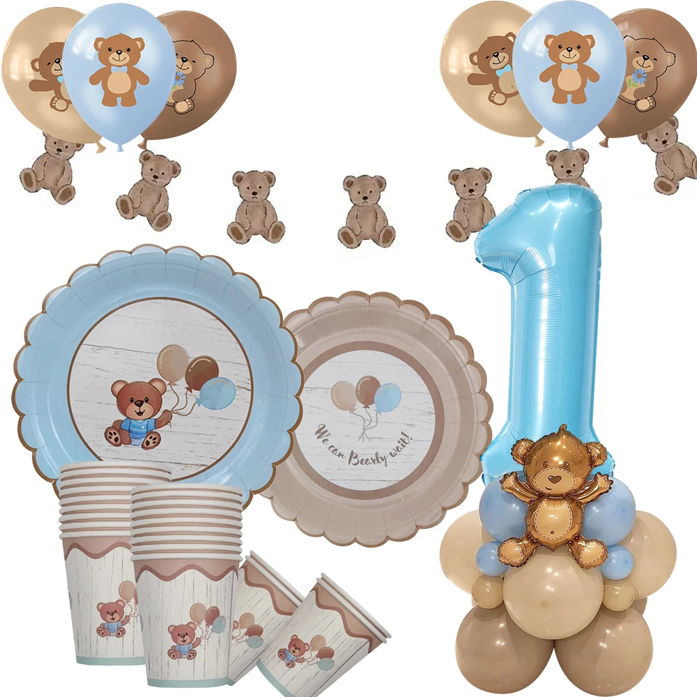 Ensemble d\'assiettes en papier brun et bleu pour bébé garçon, fourniture pour fête préChristophe, style britannique, ours mignon, poulet, joyeux