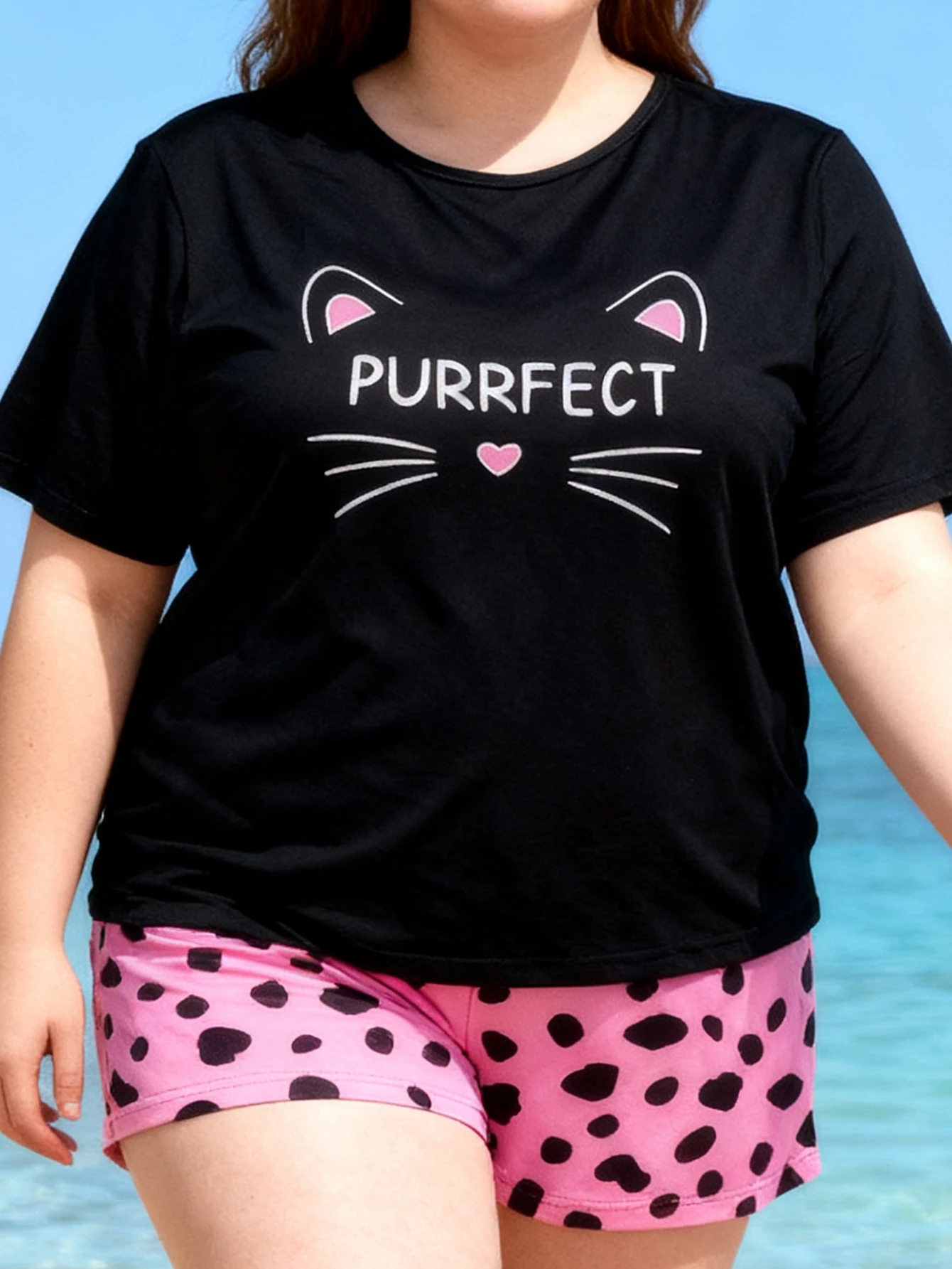 

Plus Size Women's Spring Summer Sweet Cat Leopard Print Short Sleeve T-Shirt & Shorts Pajamas Loungewear