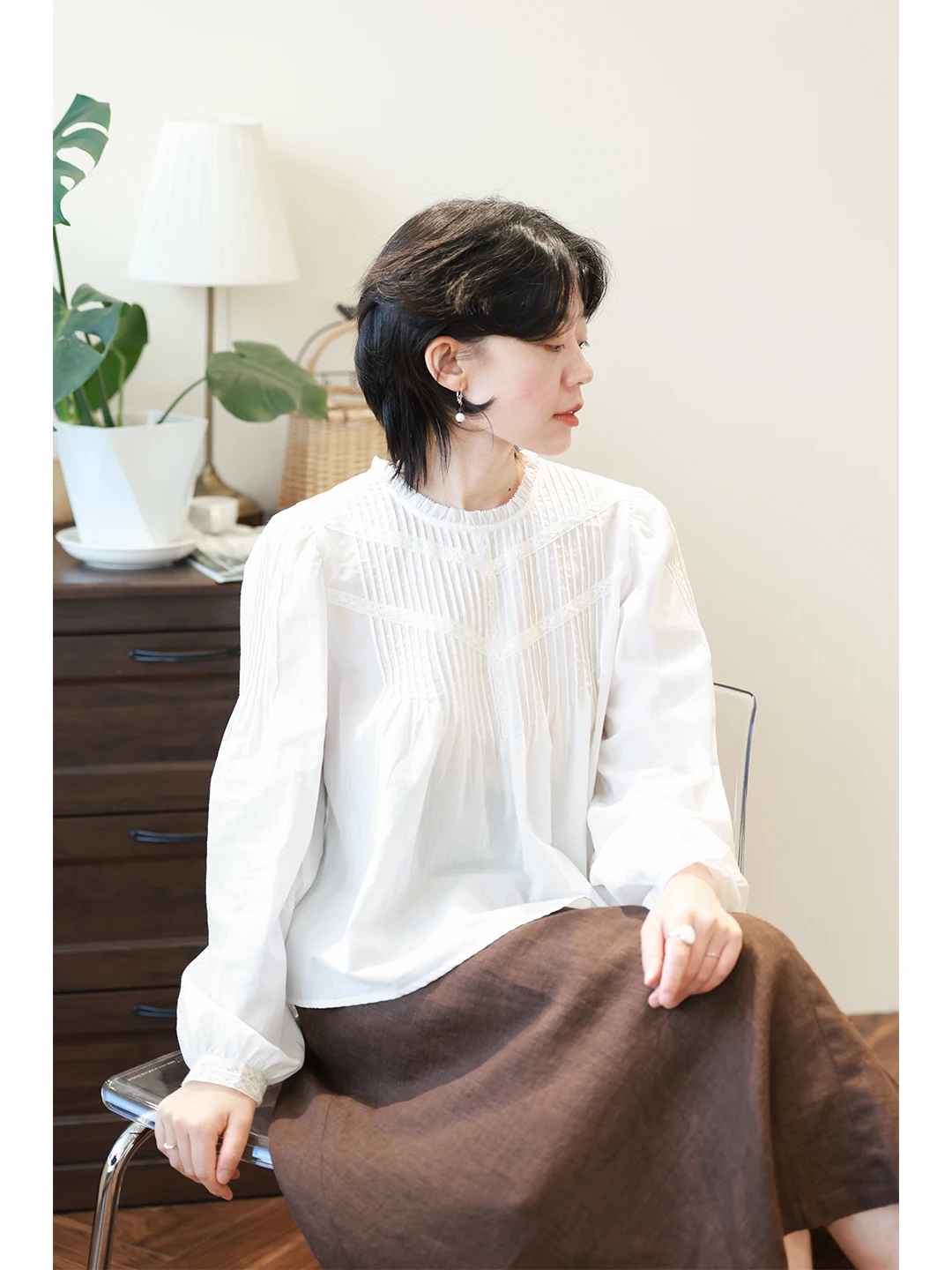 

Ретро-топ из 100% хлопка с рюшами и кружевной отделкой, круглый вырез, рукава-фонарики, белый, для женщин, ранняя осень, длинный рукав