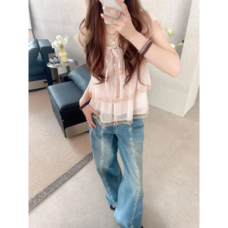 Women's Lace Patchwork Pullover Ruffles Layered Short Sleeve Square Collar Fashion Casual Top