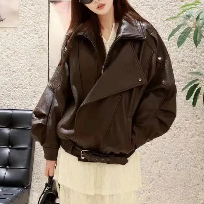 High Street Double Collar Leather Jacket for Women 2024 Puff Raglan Sleeve Locomotive Long Coat Female Moda Oversized Outwears