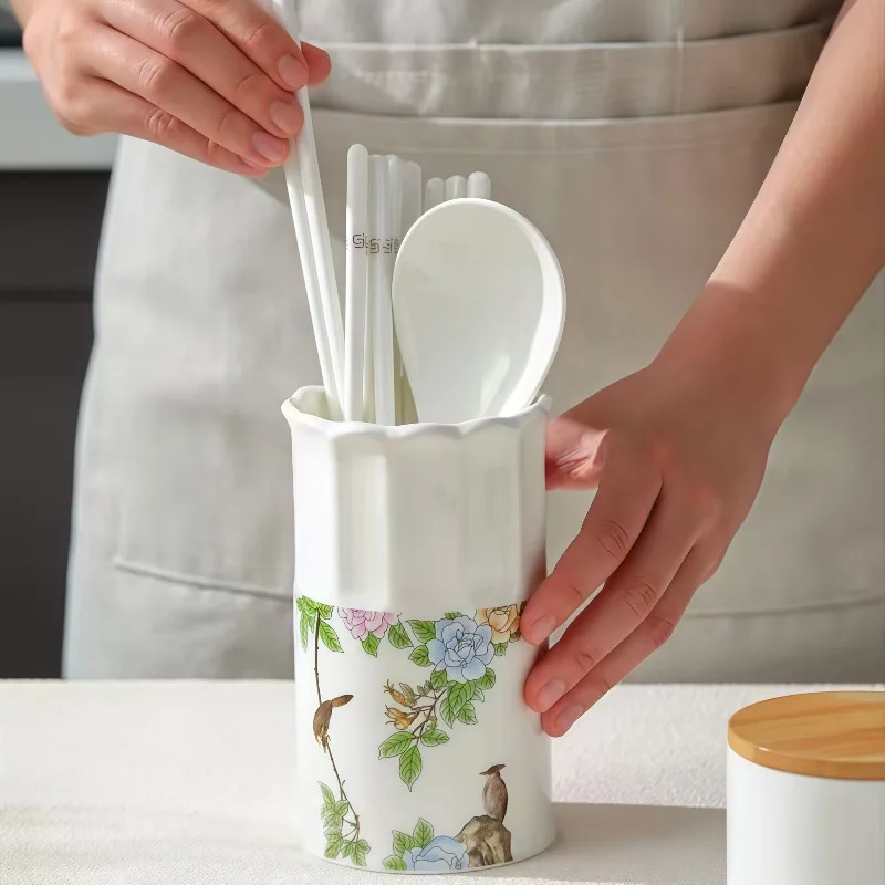 Kitchen Utensil Holder for Countertop, Utensil Crock for Farmhouse Kitchen Decor, Ceramic Stable Utensil Caddy, Floral