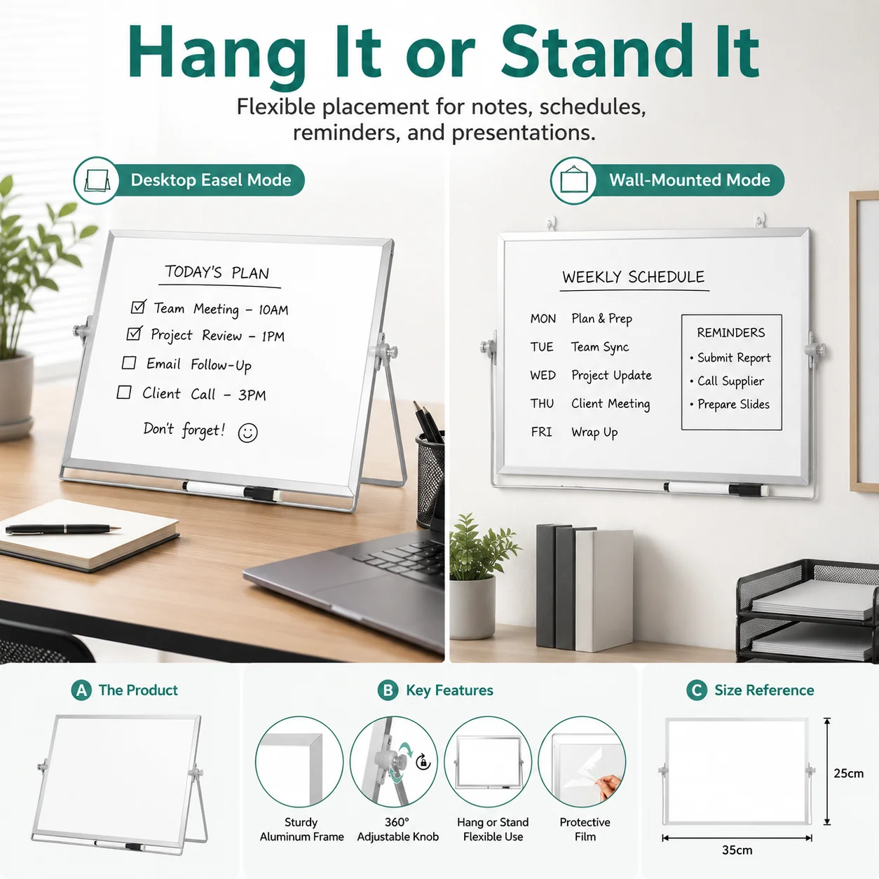 Foldable Double Sided Desktop Dry Erase Whiteboard with Stand, Adjustable Small Tabletop White Board for Home Office School