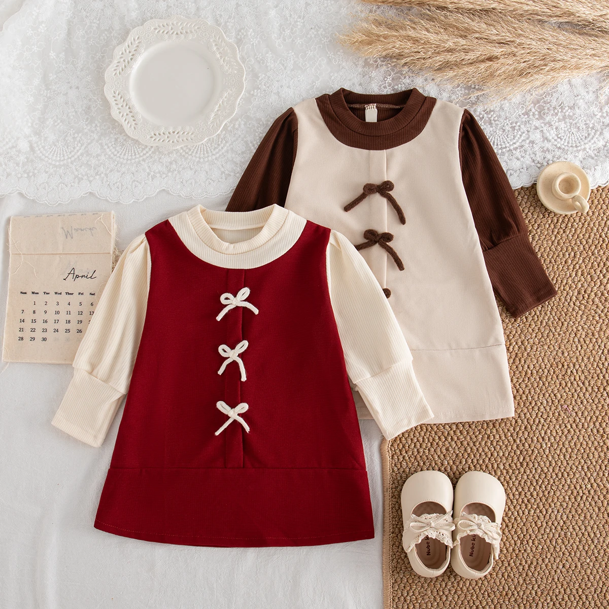 Girls First Birthday Banquet Costume Bow Element Colorblock Soft Knit Long Sleeved Red Dress Baby Girl Dress Spring Autumn
