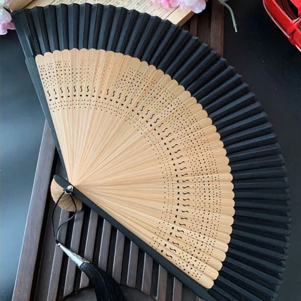 

Portable Carved Handle Bamboo Folding Fan with Tassel Handhold Chinese Fan Vintage Dance Fan Summer