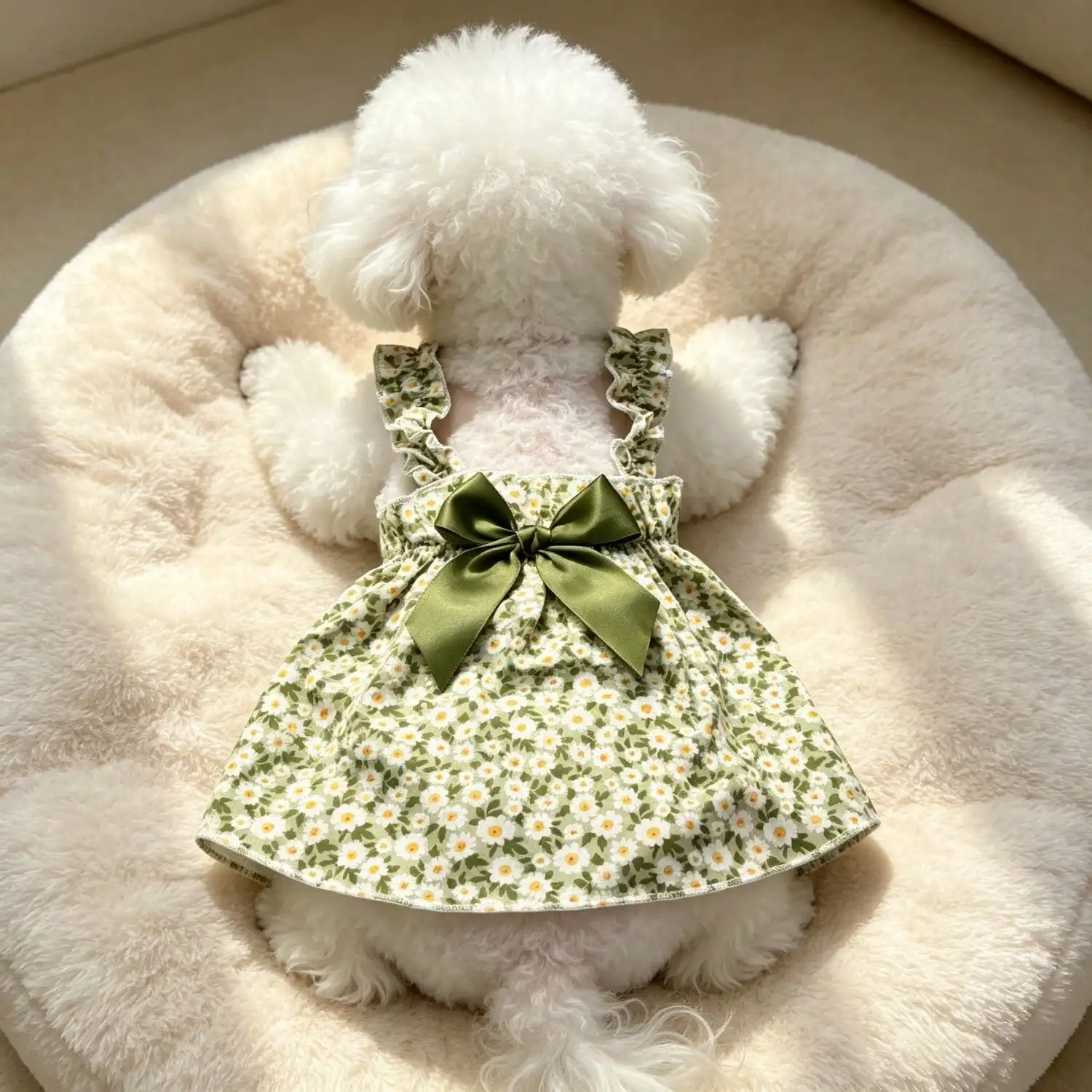 Sommerkleid für Haustiere, ärmellos, mit Blumenmuster, Rüschenriemen, großer Schleife als Dekoration für kleine Hunde, für den täglichen Gebrauch und Partys. – Detail 18