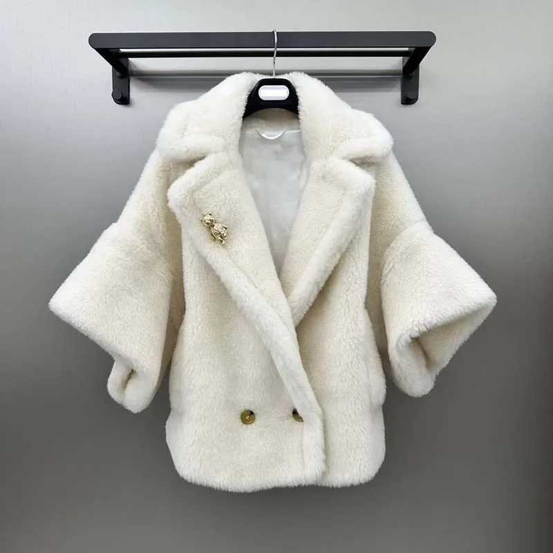 Teddy Bear Solid Color Cape Style Women Coat Winter Short Length Thick Warm Turn-Down Collar Sheep Wool  Alpaca  Silk