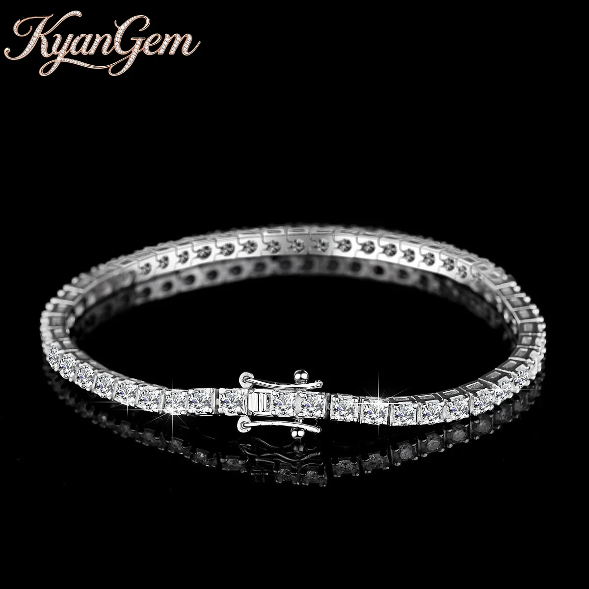 KyanGem Platinum PT950 Full-Diamond Tennis Chain Bracelet for Women 3mm Roman-Cut Moissanite Ultra-Shiny Minimalist Bracelet