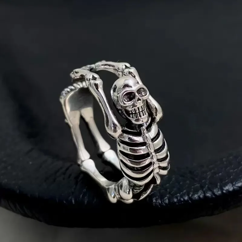 

Vintage Punk Skeleton Ring, Gothic Adjustable Biker Jewelry, Distressed Bone Design, Unisex Dark Gift for Men & Women