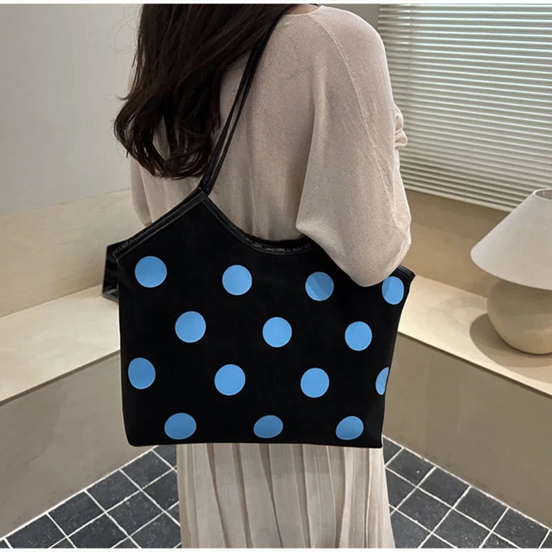 Koreanische Schultertasche mit Polka-Dot-Muster, Vintage-Kunsthandwerkliche Canvas-Tragetasche für Damen, lässige Alltagstasche mit Henkel. – Detail 18