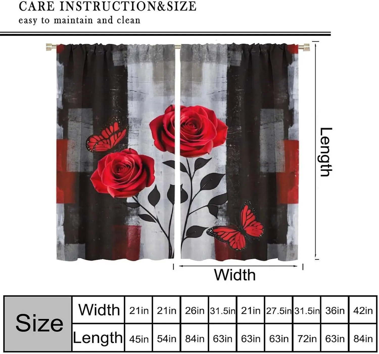 Romantic Red Rose Butterfly Curtains 2 Panels, Black White Grey Brush Vertical Block Floral Leaf Drapes for Modern Bedroom Decor