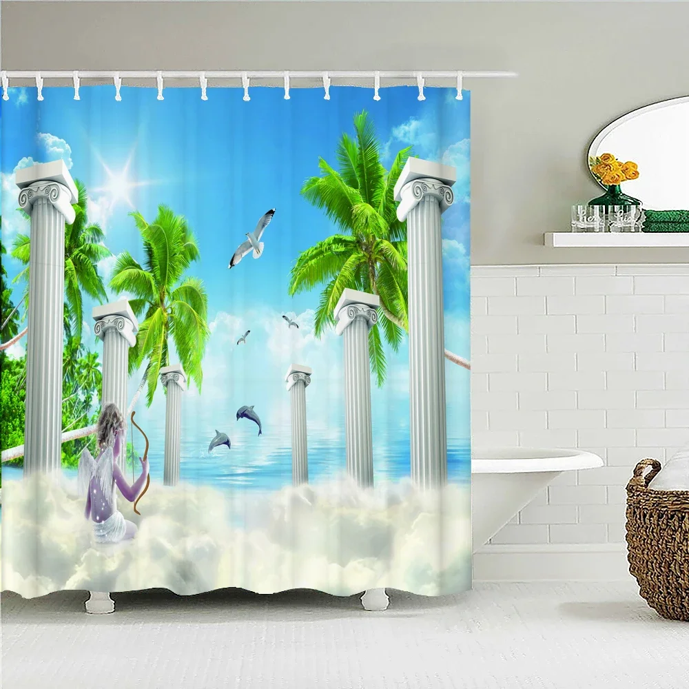 European Retro style Angels Shower Curtains Bathroom Curtain Waterproof Fabric Bathtub Decor 180*180cm Bath Curtain With Hooks