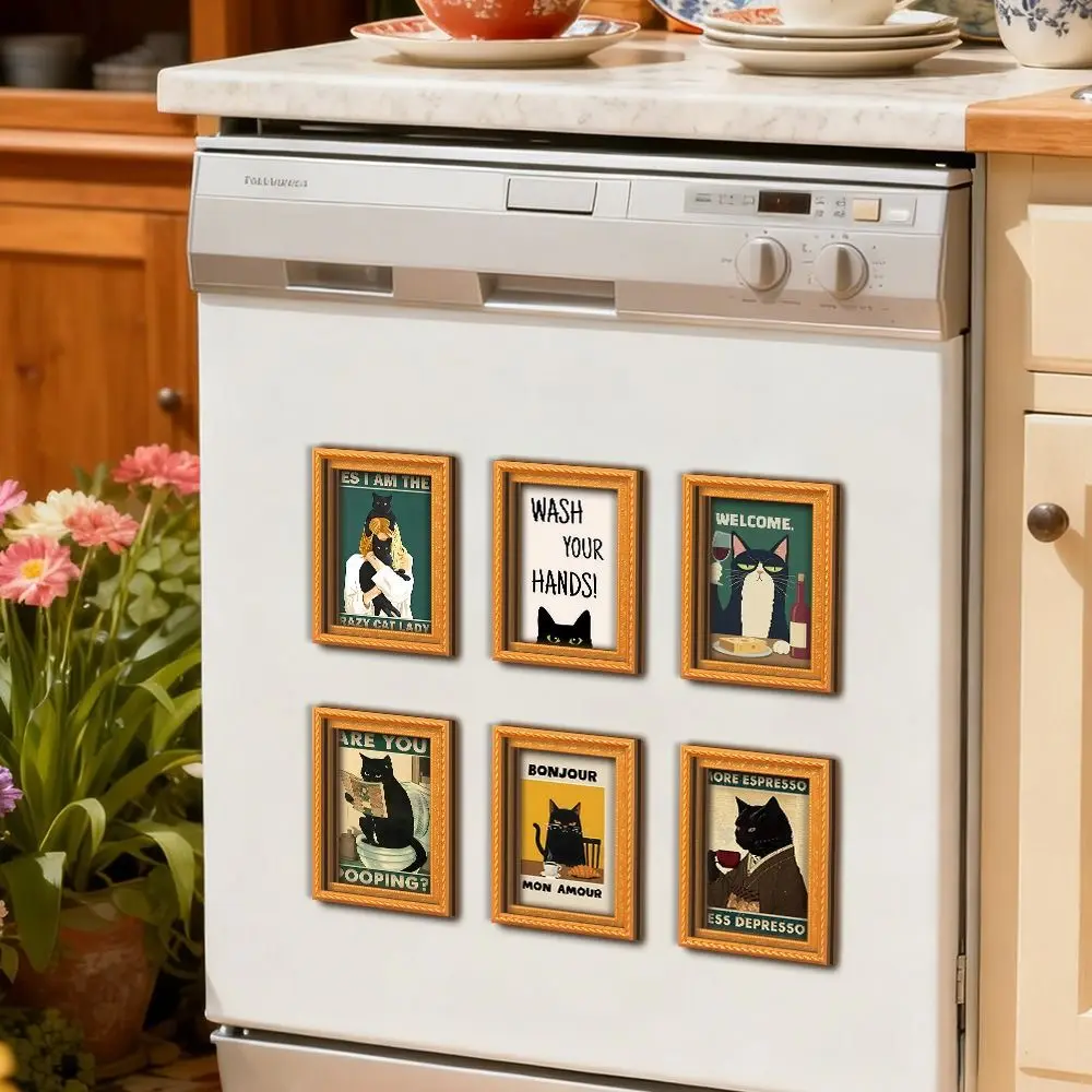 Oil Painting Style Cat Refrigerator Magnets Cat Art Print Funny Wooden Frame Fridge Magnets Vintage Cat Pattern Vintage