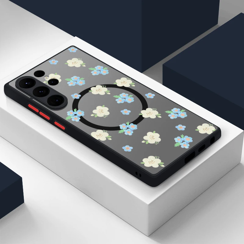 Magnetic Garden Flower Case For Samsung Galaxy S24 Ultra Capa S22 S23 Ultra S21 FE S25 Luxury Matte Clear Back Hard Cover Fundas