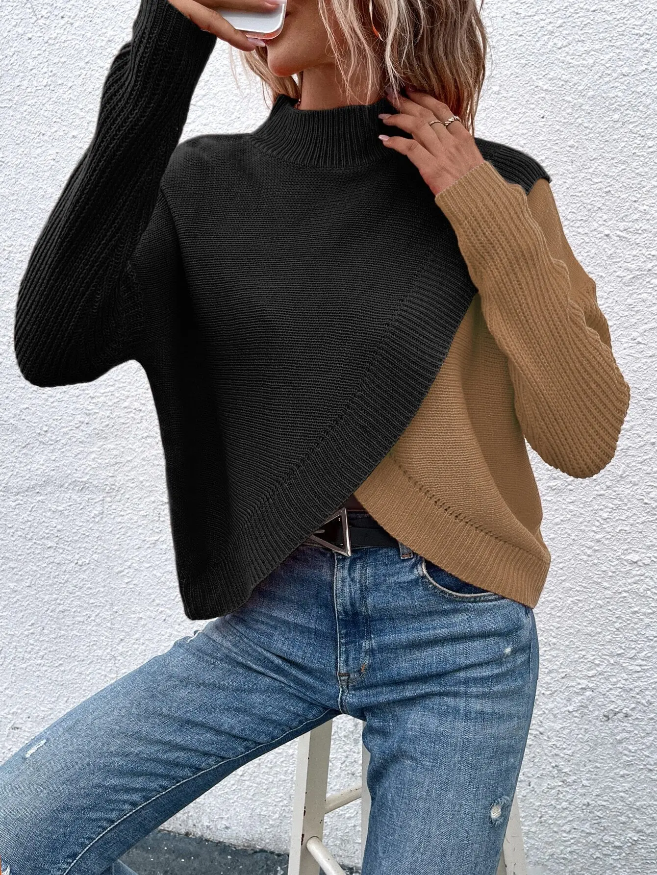 

Women's Color Block Drop Shoulder Turtleneck Sweater, Casual Knit Pullover for Autumn Winter
