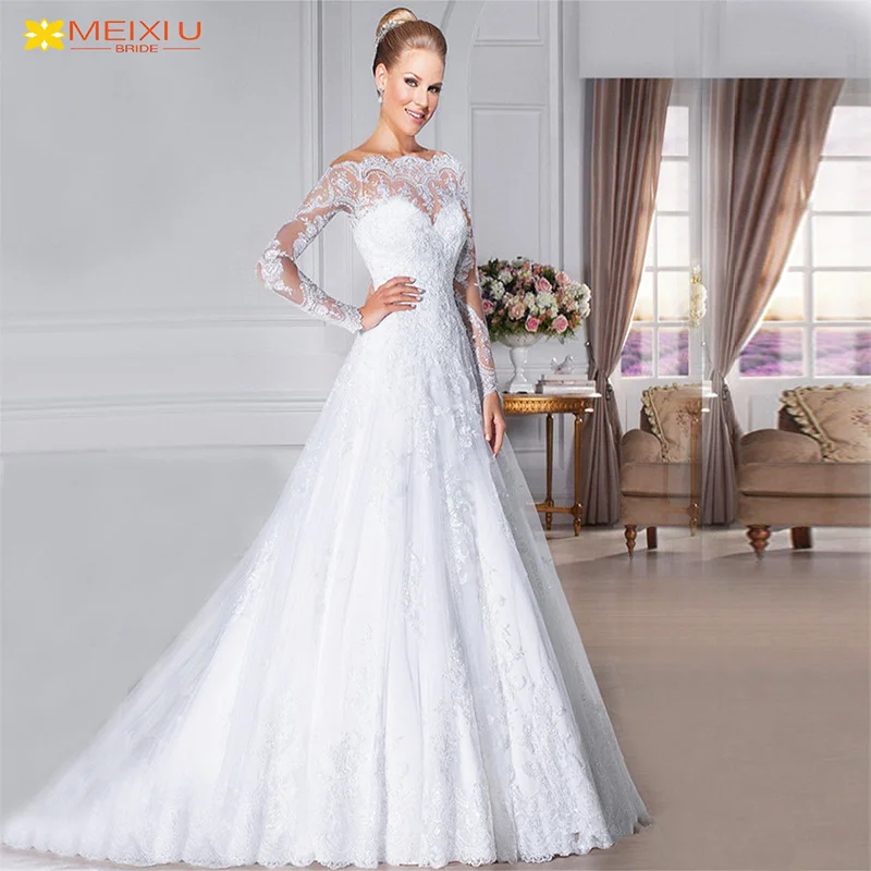 New Dreamlike Applique Long Sleeve One Line Shoulder Top Breast Wedding Dress   Exquisite Lace Train Beautiful Bridal Gowns