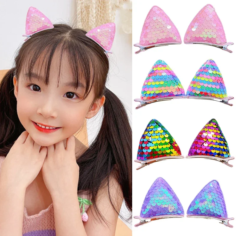 

2PCS New Sequins Cat Ears Hairpins Girls Hair Clips Cute Hair Accessories Child Sweet Barrettes Kids Headwear Fashion Ornaments