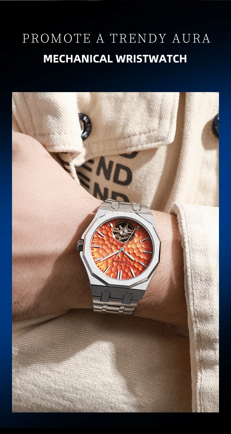 Automatische mechanische Herrenuhr mit orangefarbenem Zifferblatt, Skelett-Tourbillon, achteckige Armbanduhr aus Edelstahl, luxuriöse wasserdichte Uhr – Detail 12