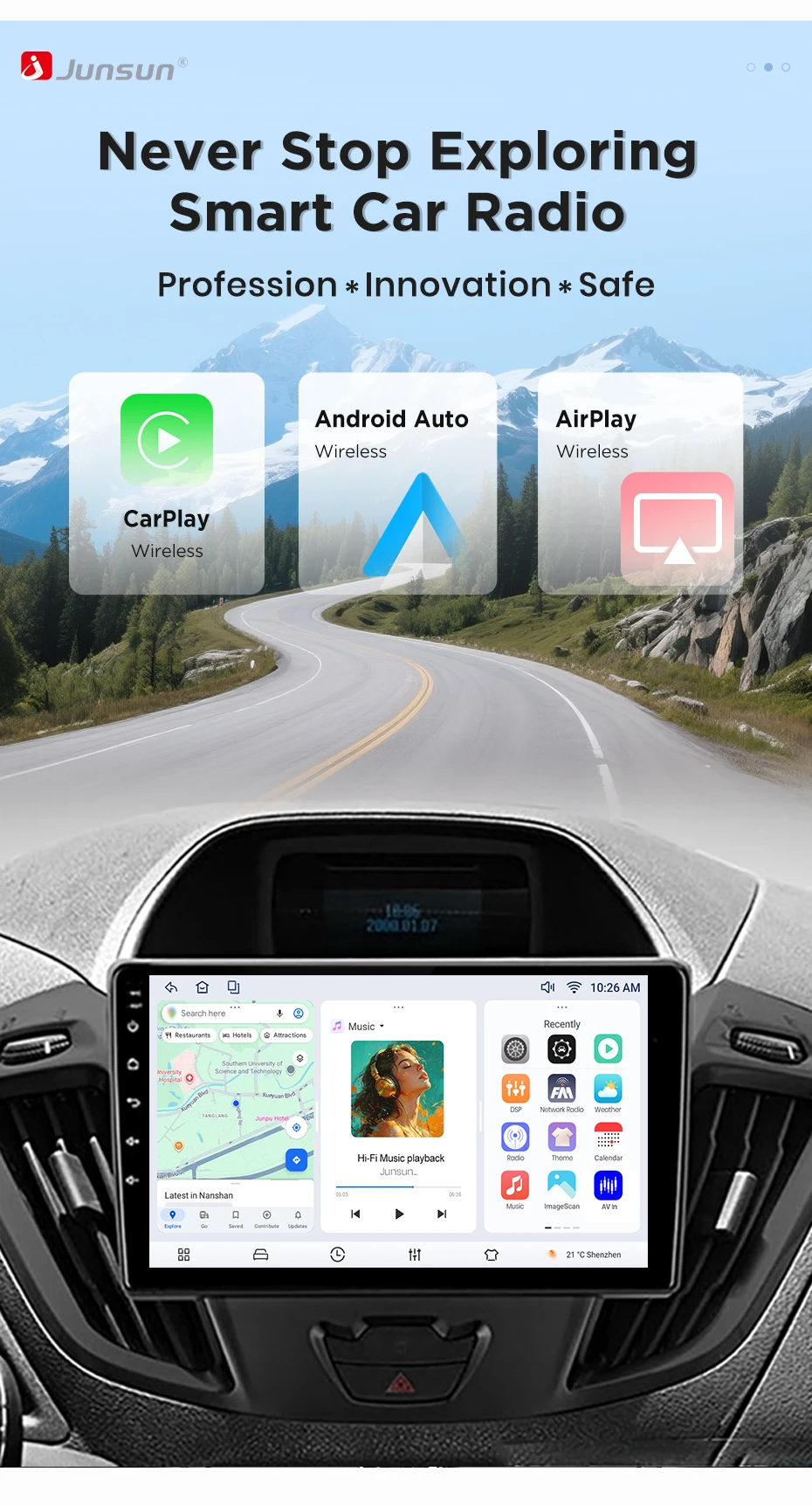 Junsun Wireless CarPlay Android Auto Autoradio für Ford Transit Custom Tourneo 2013-2021 Intelligente Systeme DSP SWC RDS GPS FM – Detail 2