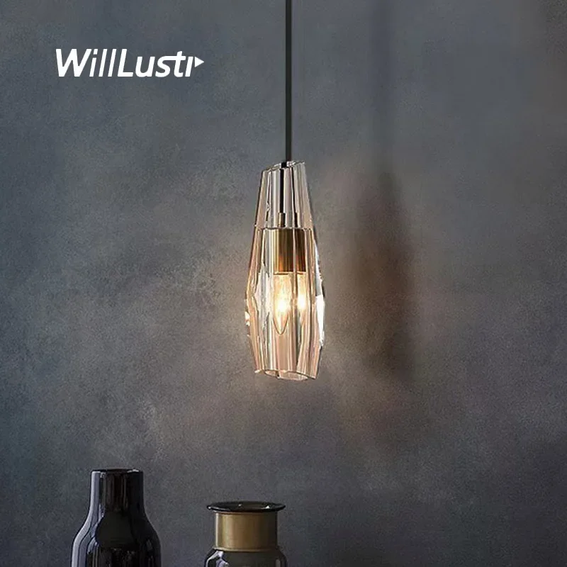 Crystal Pendant Lamp Copper Head Suspension Light Luxury Hotel Bar Cafe Bistro Bedside Hanging Ceiling Chandelier