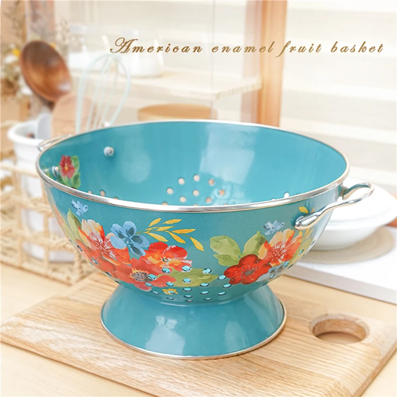 Enamel Storage Basket American Flower Printing Fruit Drainer Basket Home Kitchen Storage Organizer Large Capacity Enamel Tray