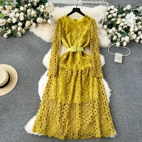 2024 High End Lace Elegance Spring New Long Sleeved Waist Slimming Hollow Fit Mid Length Dress  Maxi Dresses for Women