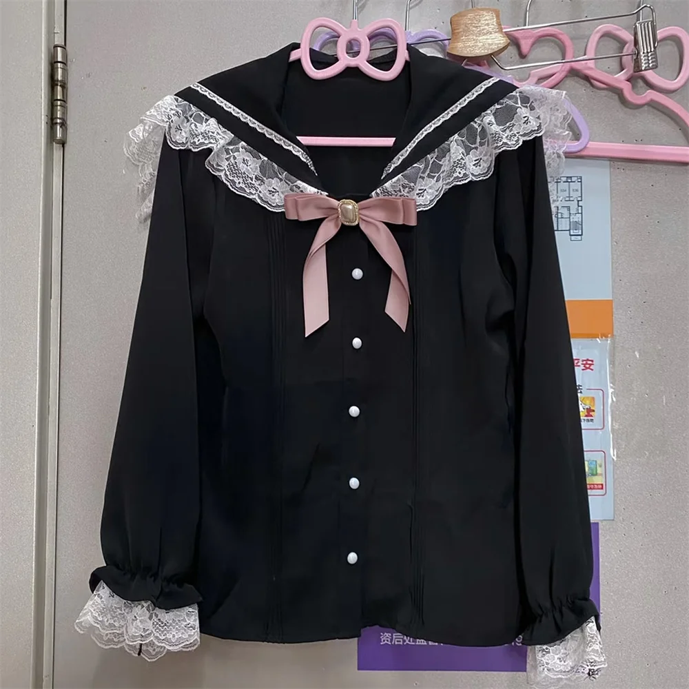 

Women Sweet Lace Japanese Kawaii Blouse Sailor Collar Ribbon Bow Lolita JK Shirt Black Preppy Style Girls Cute Long Sleeve Tops