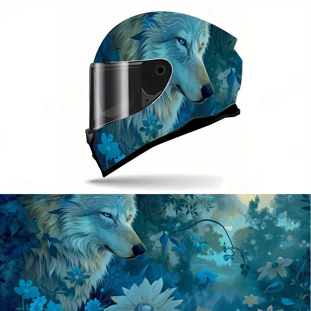 

Stunning Blue Flower and Wolf Art Motorcycle Helmet Decal, Self-adhesive Waterproof Helmet Vinyl Wraps Sticker, Universal Motorc