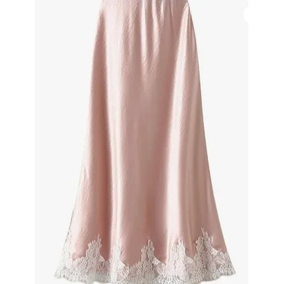 Elegant Double-Sided Satin A-Line Long Skirt with Lace Trim High Waist Bodycon Evening Gown Tailored Draping for Women