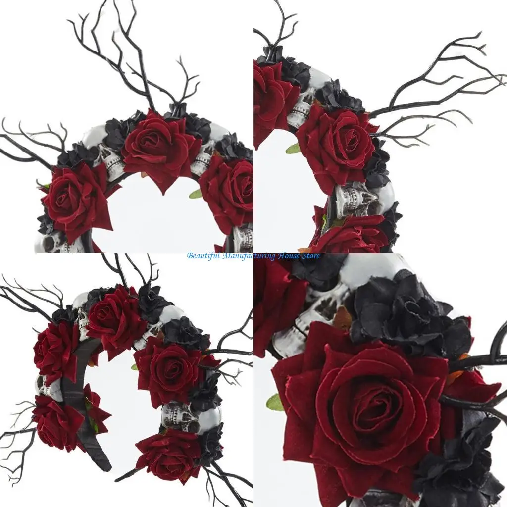 

E56A Goth Flower Crowns For Women Tree Branch Headband Gothic Skull Headband