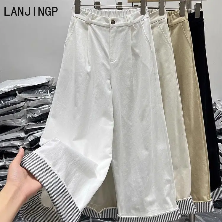 Korean design striped rolled-edge wide-leg pants women's pants new retro loose straight nine-point casual long pants