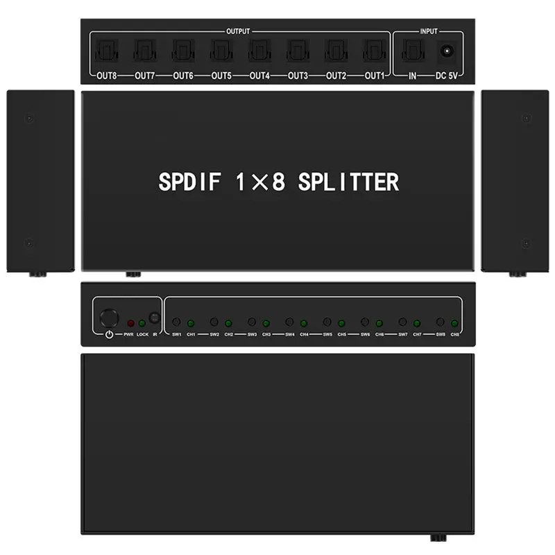 EYELNEW Fiber Optic Digital Toslink Audio Splitter, 1 In 8 Out Optical Toclink S/PDIF For Home Theater, Speakers, EU Plug