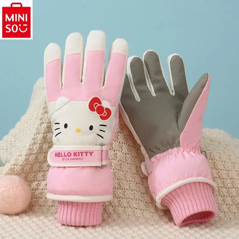 MINISO winter warm and cold resistant cute cartoon hello kitty with thick velvet, waterproof and anti slip riding gloves