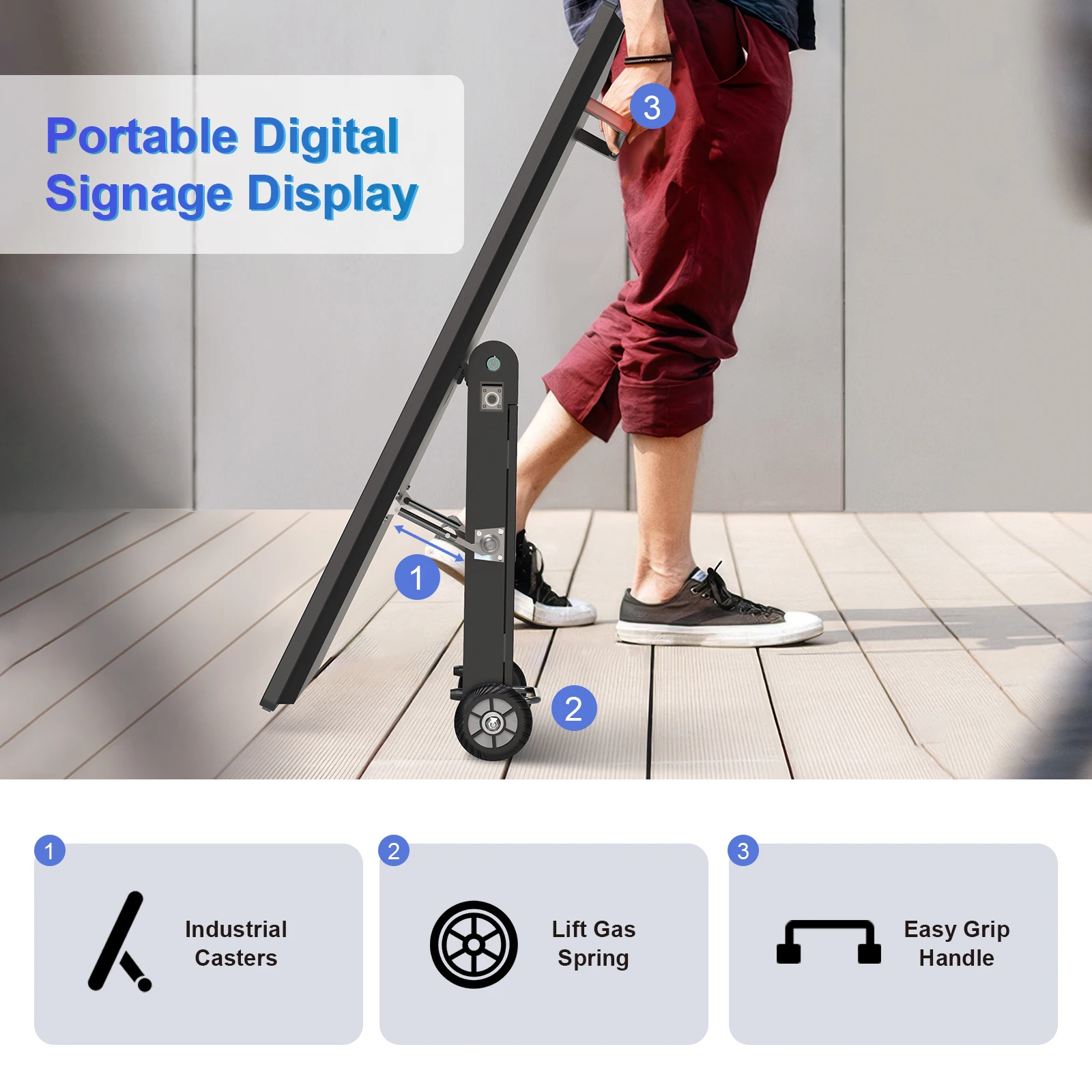 شاشات لافتات رقمية محمولة قابلة لإعادة الشحن مقاس 43 بوصة من NWE، مقاومة للماء IP55، شاشة مقسمة LCD ذكية، كشك متحرك