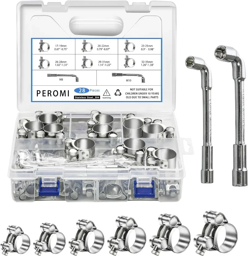 

ELECTRAPICK 32pcs 304 Stainless Steel 6 Sizes T-bolt Hose Clamps Anti-rust Pipe TubeThroat HoopHeavy Duty L-wrench Kit