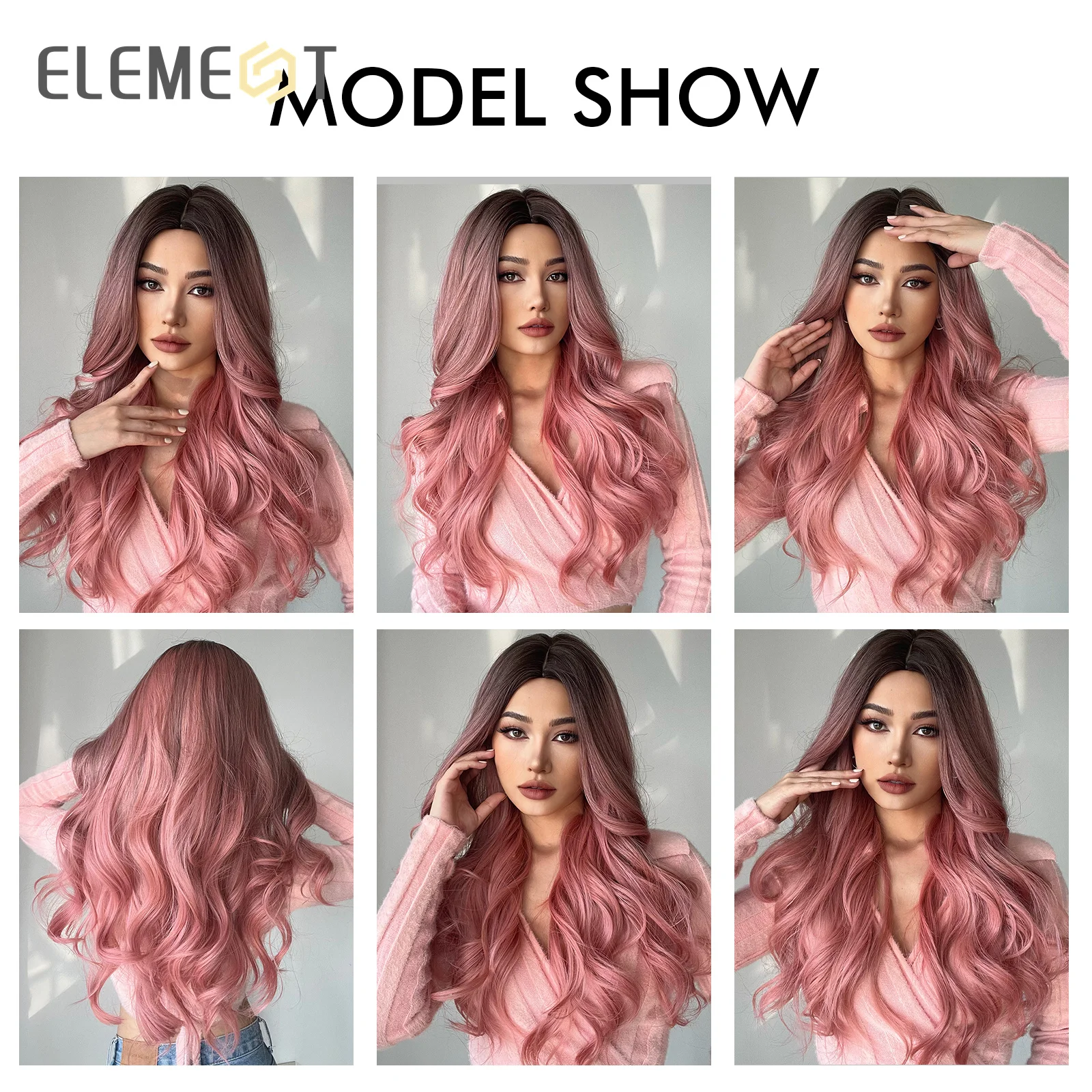 ELEMENT Peruki syntetyczne dla kobiet Ombre Black to Pink Dark Roots Długie faliste Impreza Codzienne użytkowanie Włókno termoodporne Moda Naturalny